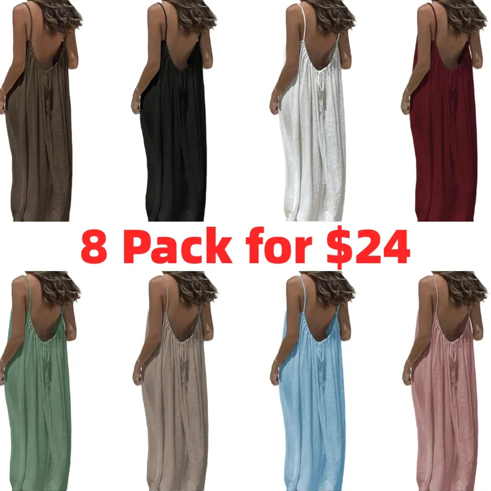 Women's Cotton Linen Backless Loose Dress