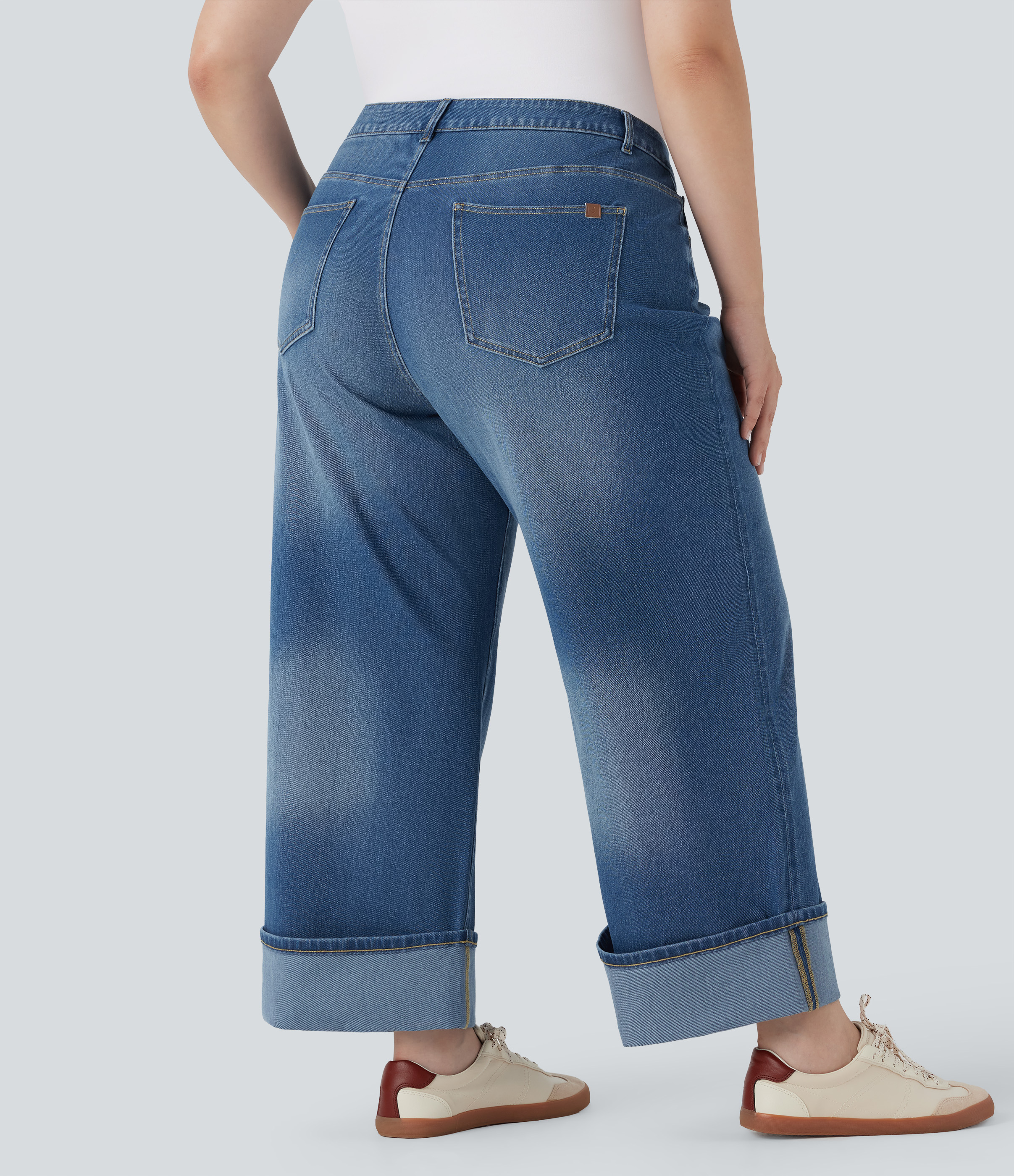 Plus Size Halara Flex™ High Waisted Wide Leg Rolled Hem Washed Stretchy Knit Casual Jeans with Pockets