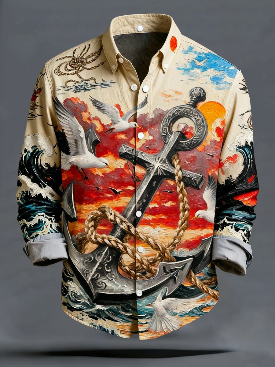 Men's vintage commemorative Navy 250th anniversary printed long-sleeved shirt