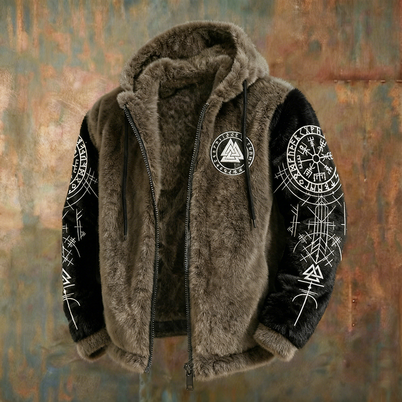 Men's Viking Art Flannel Cozy Warm Zipped Hooded Jacket