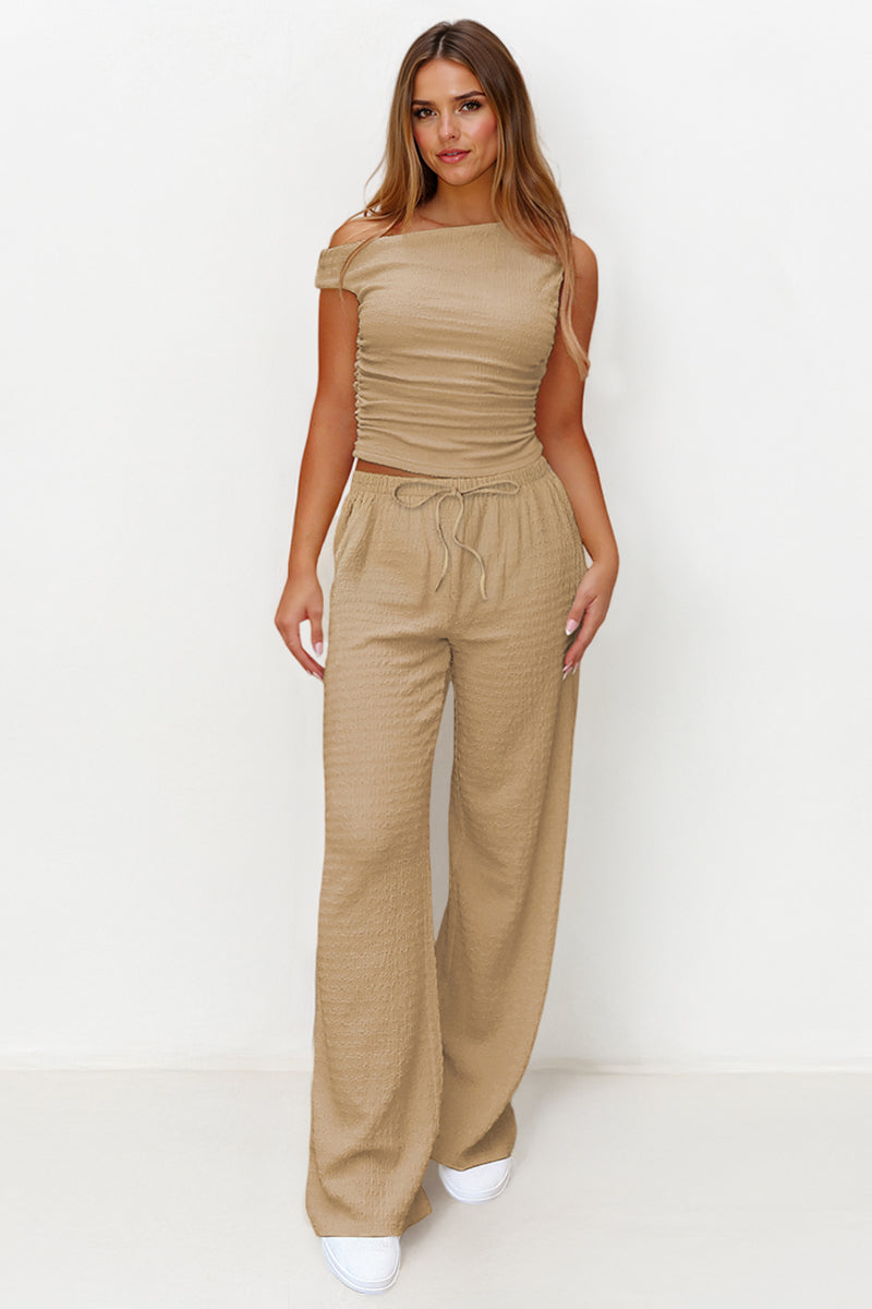 Solid Sloping-Shoulder Shirred Slim Top & Wide-Leg Trousers 2-Piece Co-ord Set
