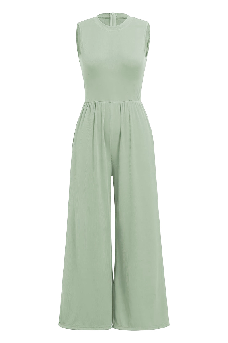 Versatile Plain Crew Neck Sleeveless Thin Waist Wide Leg Jumpsuit