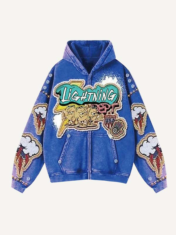 Cloud&Lightning&Graphic&Letter Faux Decal Print Zip Up Hooded Coat