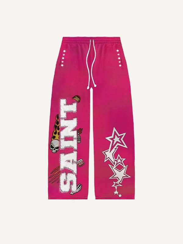 Star&Skull&Fire&Graphic&Letter Faux Decal Print Elastic Waist Pants