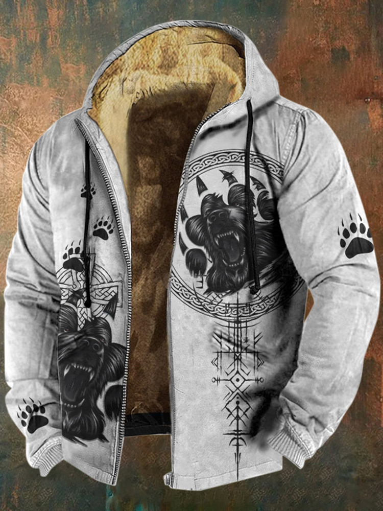 Men's Retro Viking Wolf Claw Print Casual Zip Up Jacket