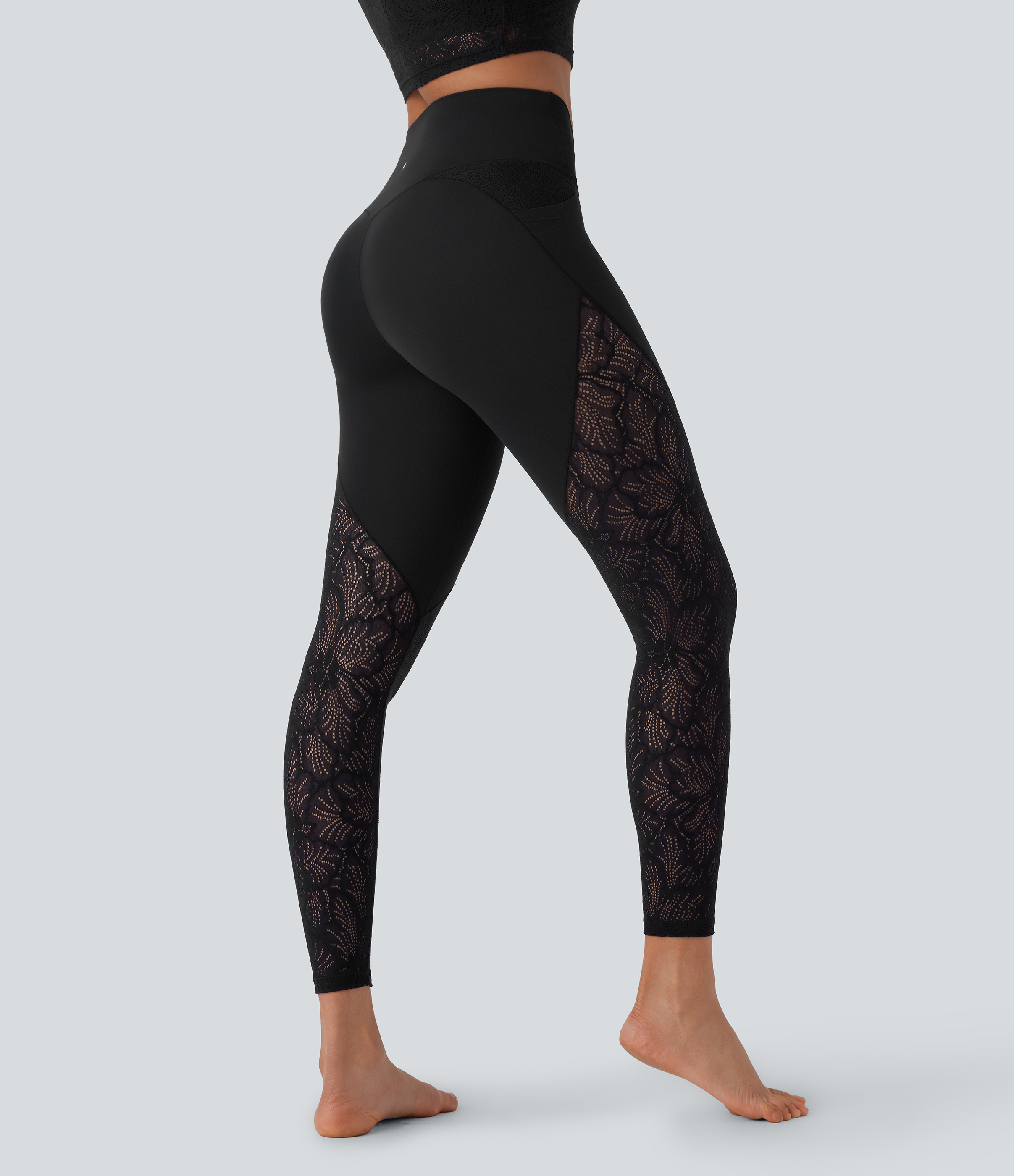 SoftlyZero™ High Waisted Crossover Pocket Contrast Lace 7/8 Yoga Leggings-UPF50+