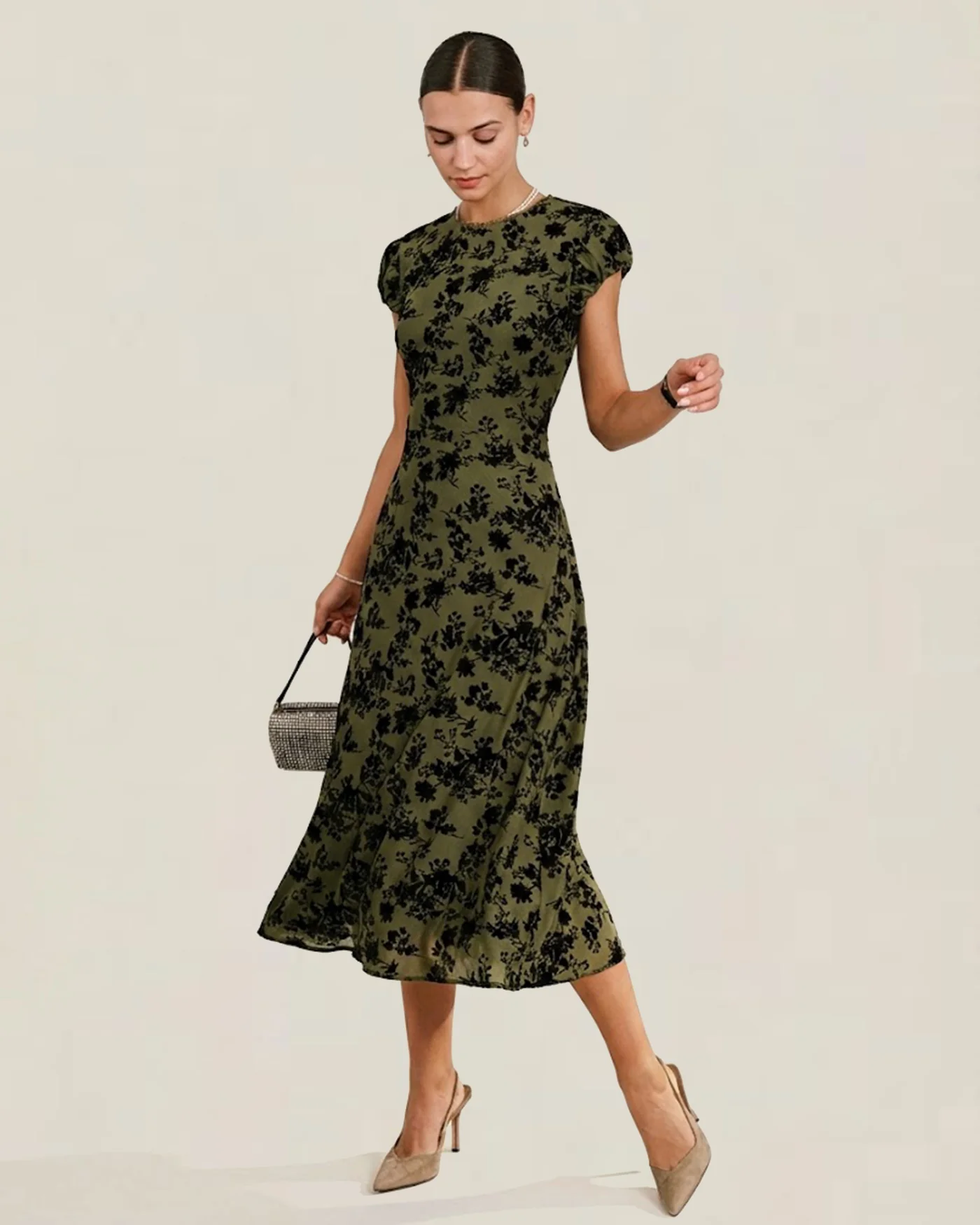 Green Floral A-Line Cap Sleeve Midi Dress
