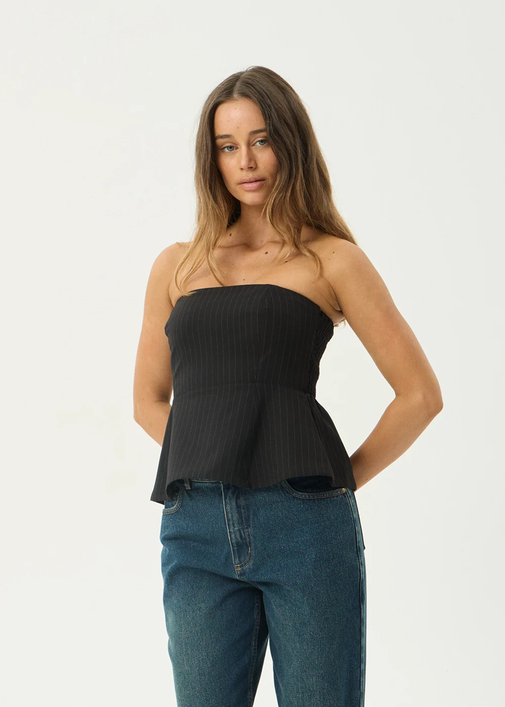 AFENDS Womens Lilo - Pinstripe Strapless Top - Black