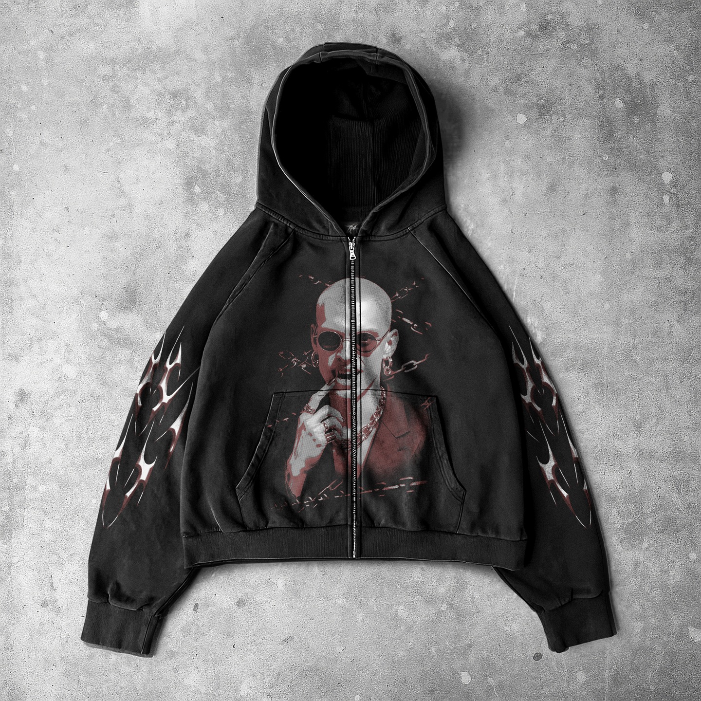 Streetwear Dark Personality Print Zip Up Hoodie