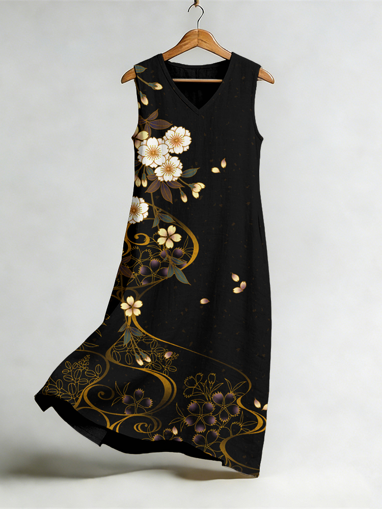 Japanese Cherry Blossoms Art Flowy Linen Midi Dress