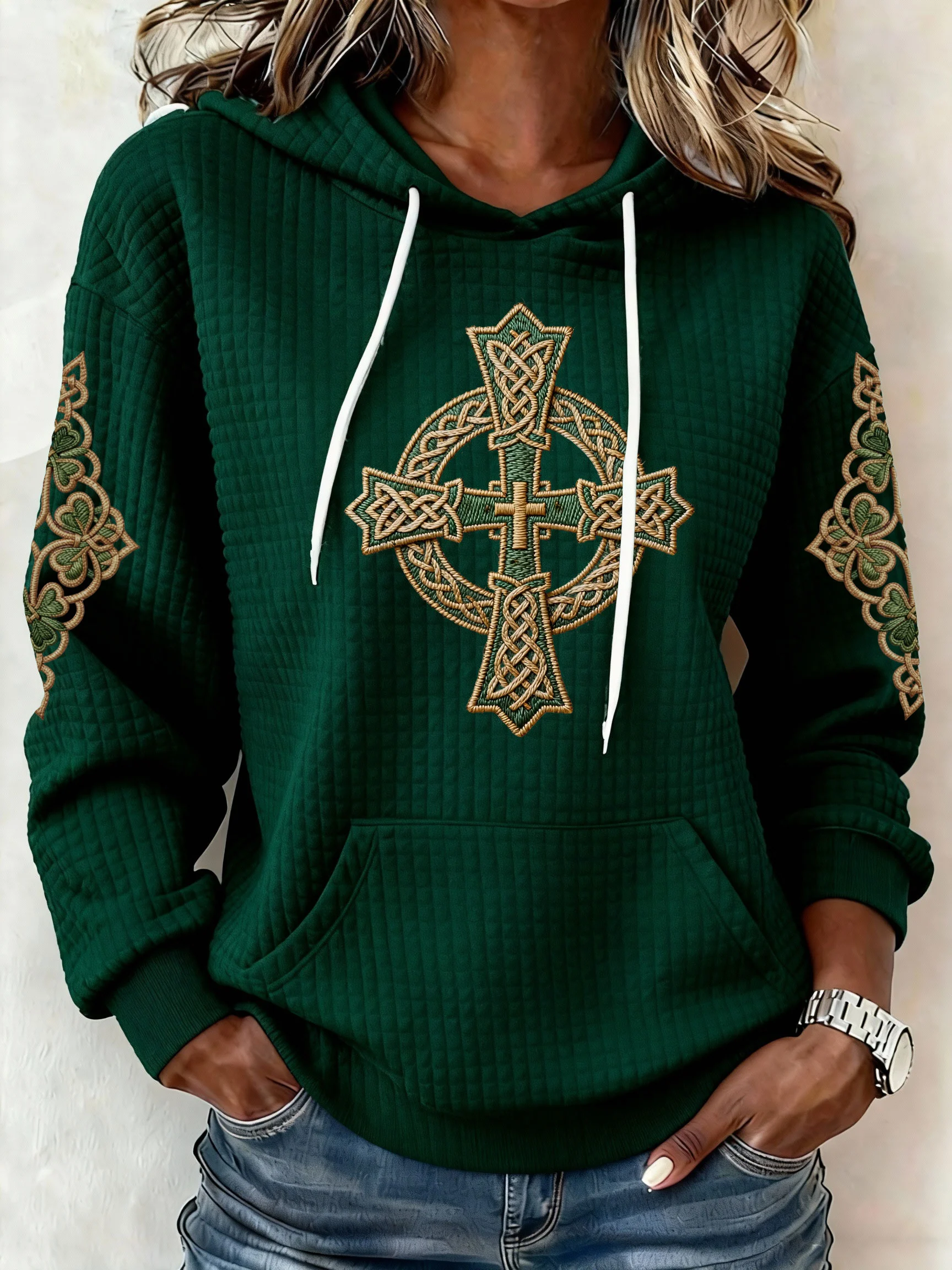 Women's St. Patrick's Day Printed Waffle Knit Hoodie-Fast Shipping