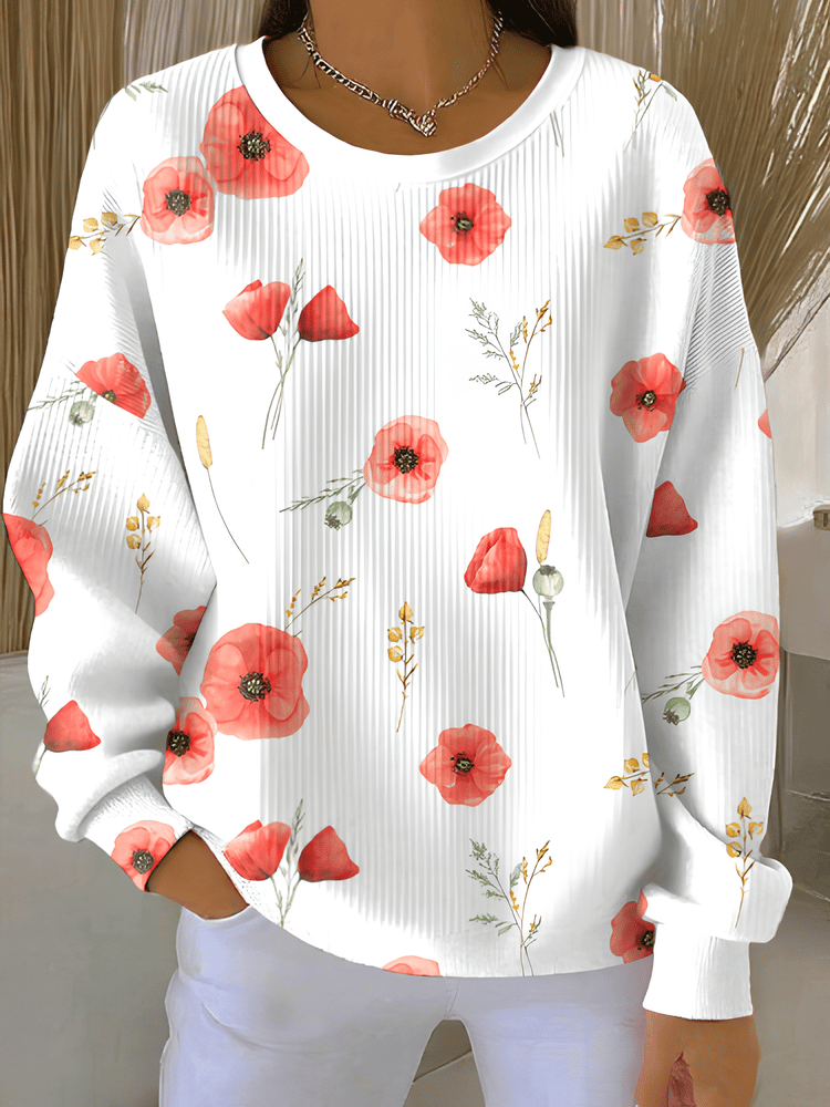 Women's  Red Poppy Print Round Neck Sweatshirt