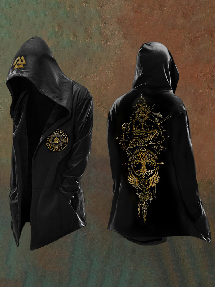 Men's Viking Mythology Print Vintage Hooded Jacket