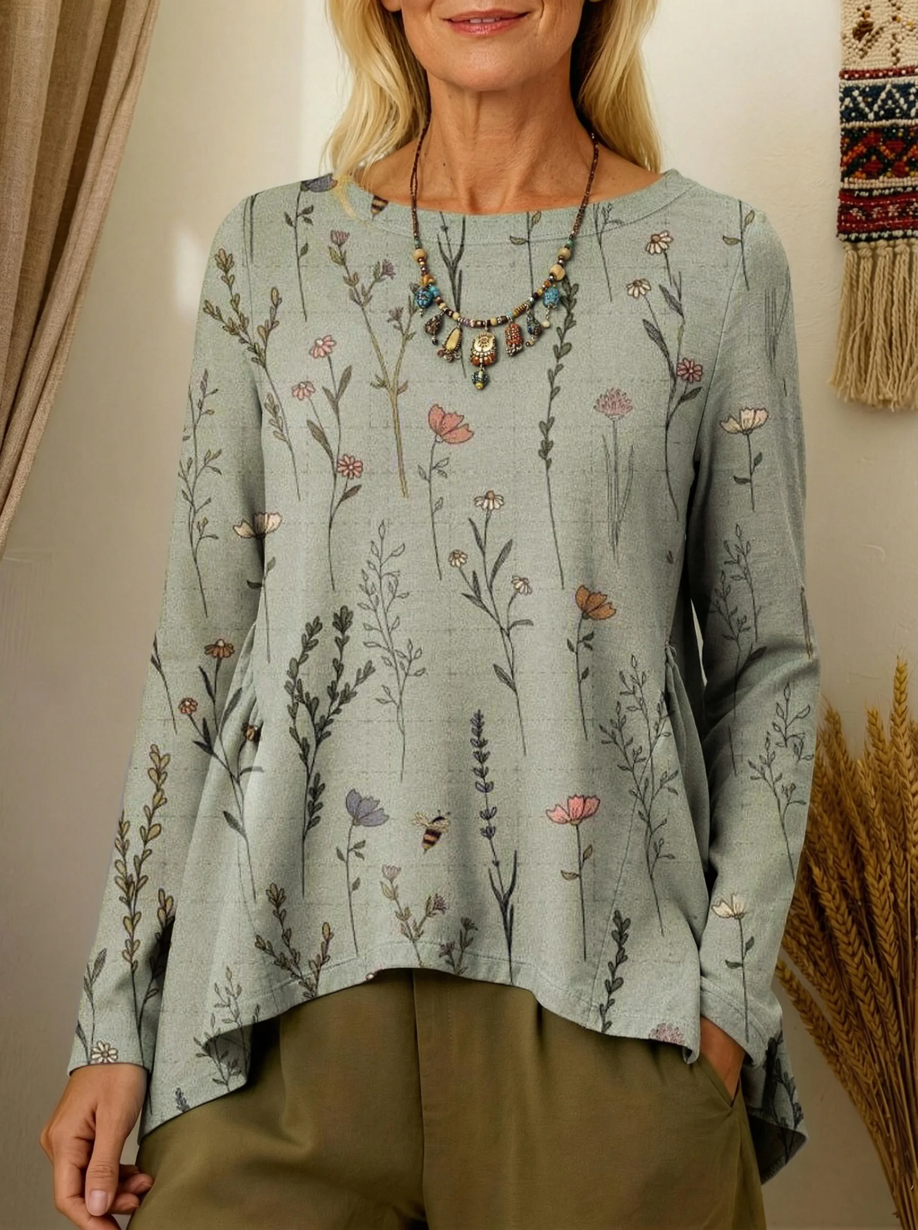 Women's Vintage Floral Art Print Casual Long-sleeved T-shirt-Fast Shipping