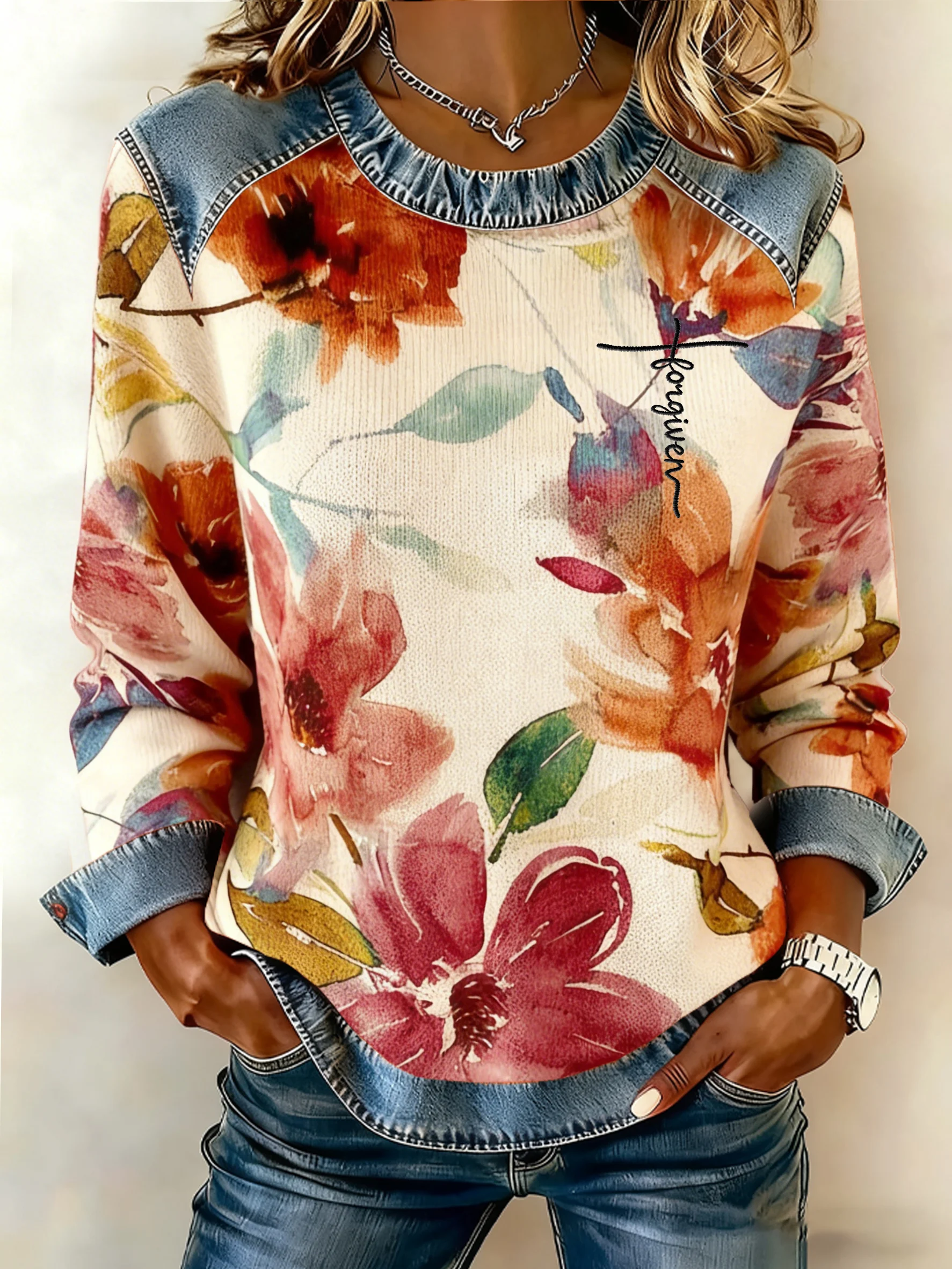 Women's Flower-Print Denim-Like Sweatshirt-Fast Shipping