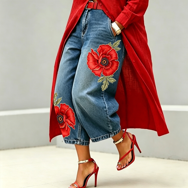 Women's Memorial Day Poppy Art Print Casual Jeans