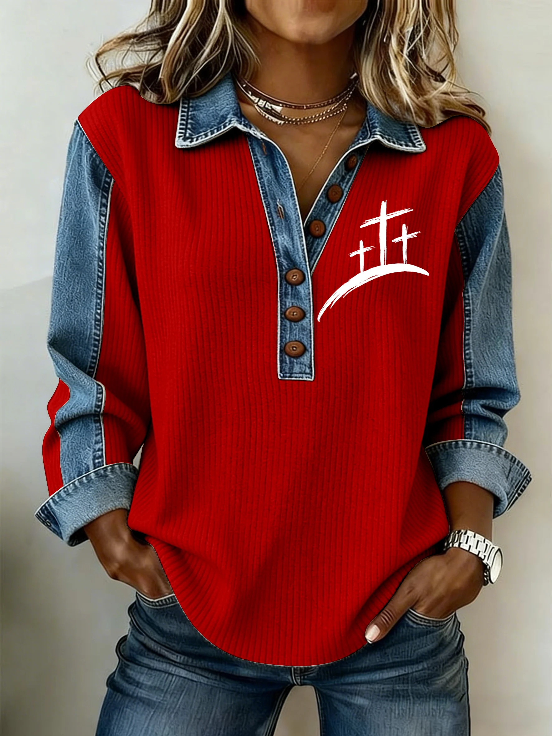 Women's Faith Printed Collar Button-Down Knit Top-Fast Shipping