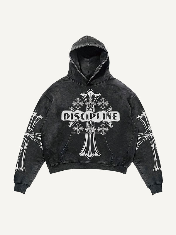 Cross&Letter Print Slant Pockets Hoodie