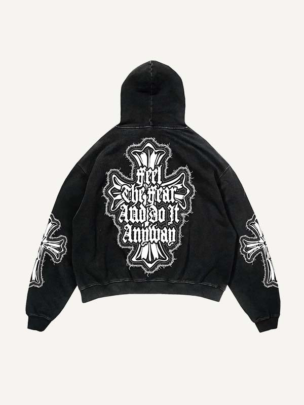 Cross&Letter Faux Decal Print Slant Pockets Hoodie