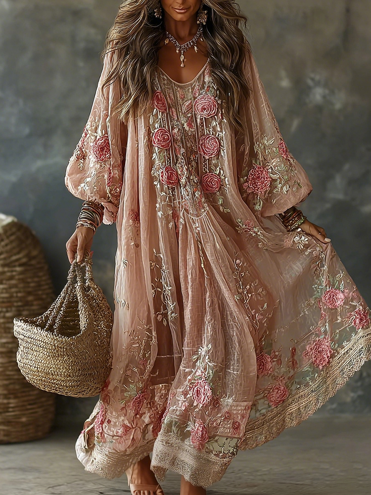 Women's Vintage Floral Art Print Flowy Linen Blend Casual Long Sleeve Maxi Dress