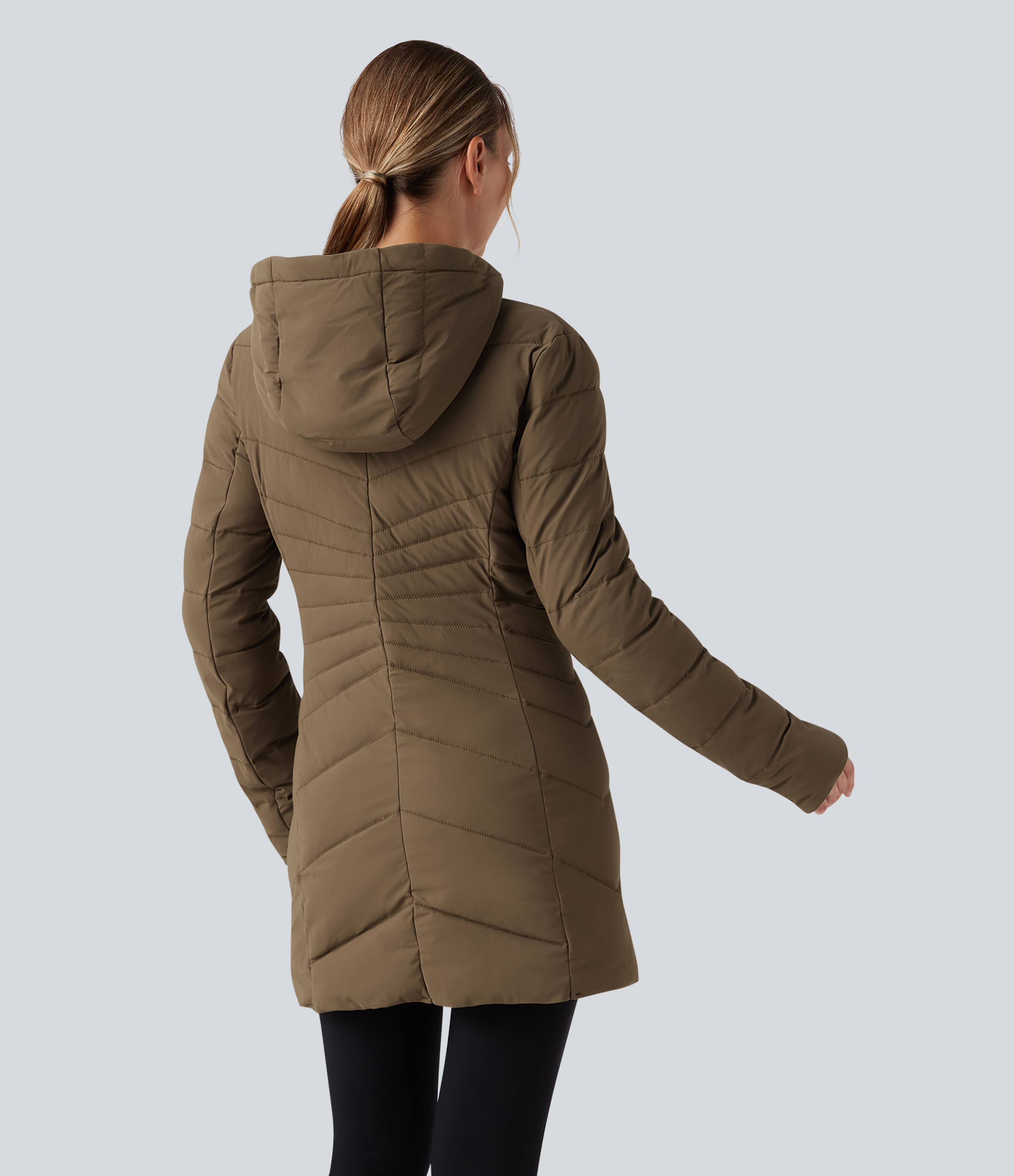 Hooded Longline Stretchy Casual Padded Jacket with Pockets