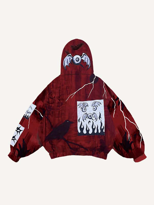 Figure&Eyeball&Wing&Moon&Skeleton&Animal&Graphic Faux Decal Print Slant Pockets Hoodie