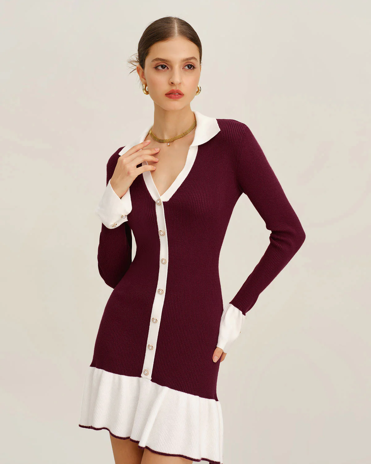 Wine Red Contrasting Sweater Dress