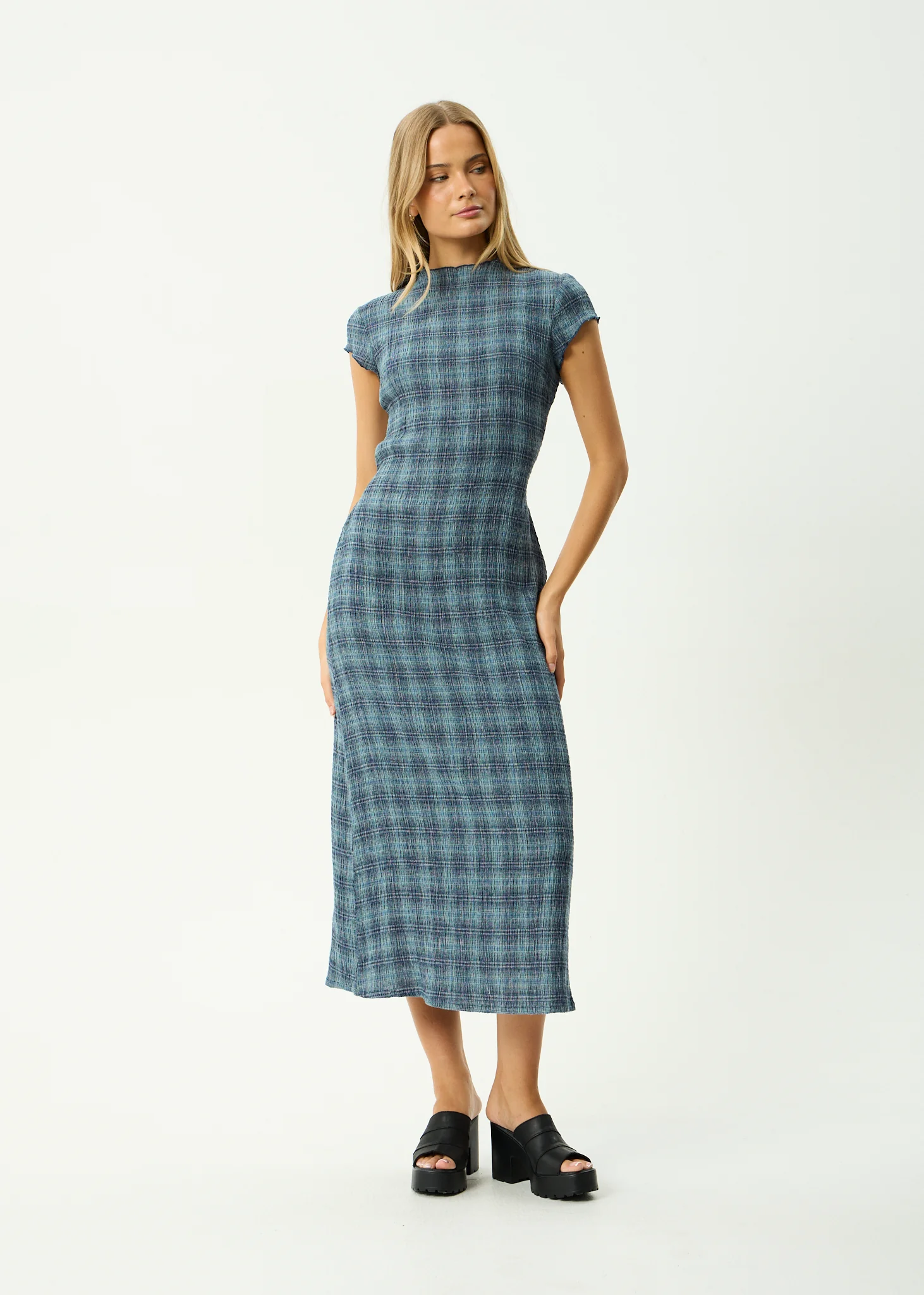 AFENDS Womens Elodie - Seersucker Midi Dress - Navy Check