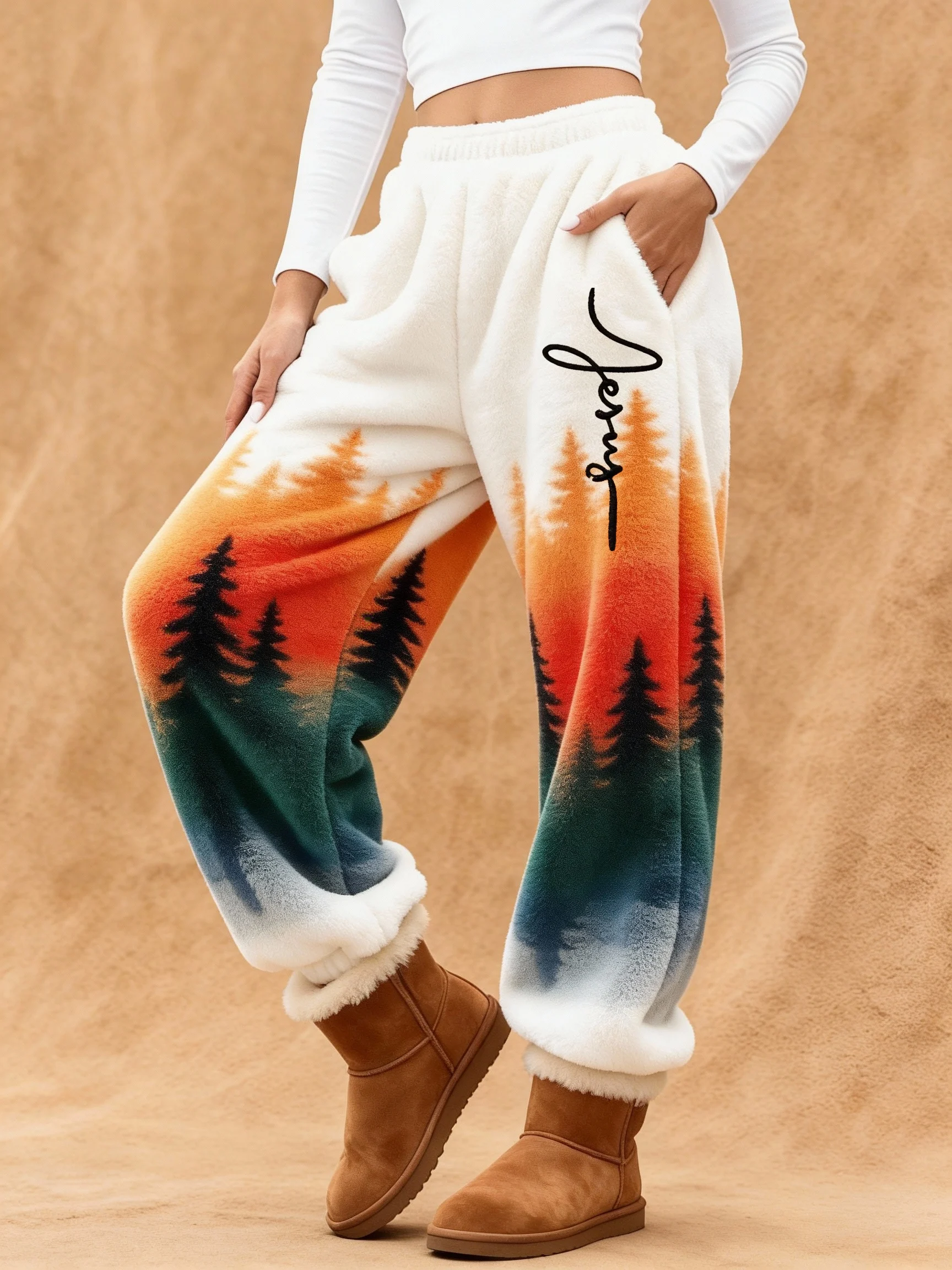 Women'S Faith Cross Forest Art Print Flannel Casual Pants