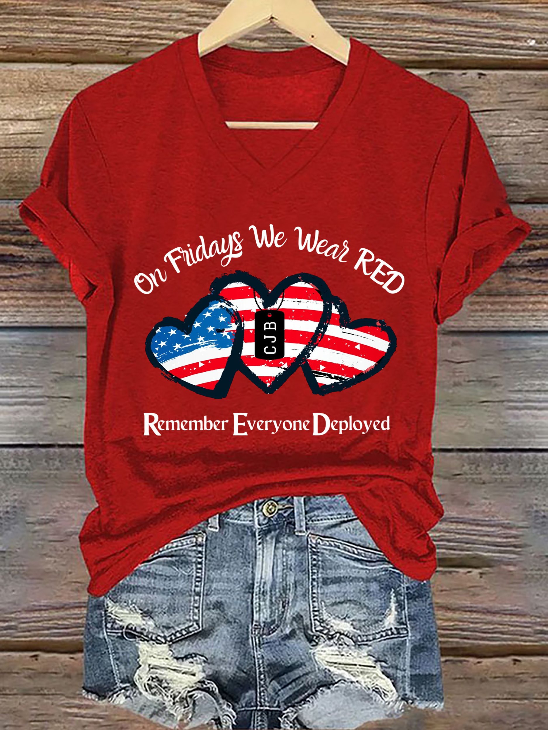 Women's On Fridays We Wear RED Print V Neck T-shirt