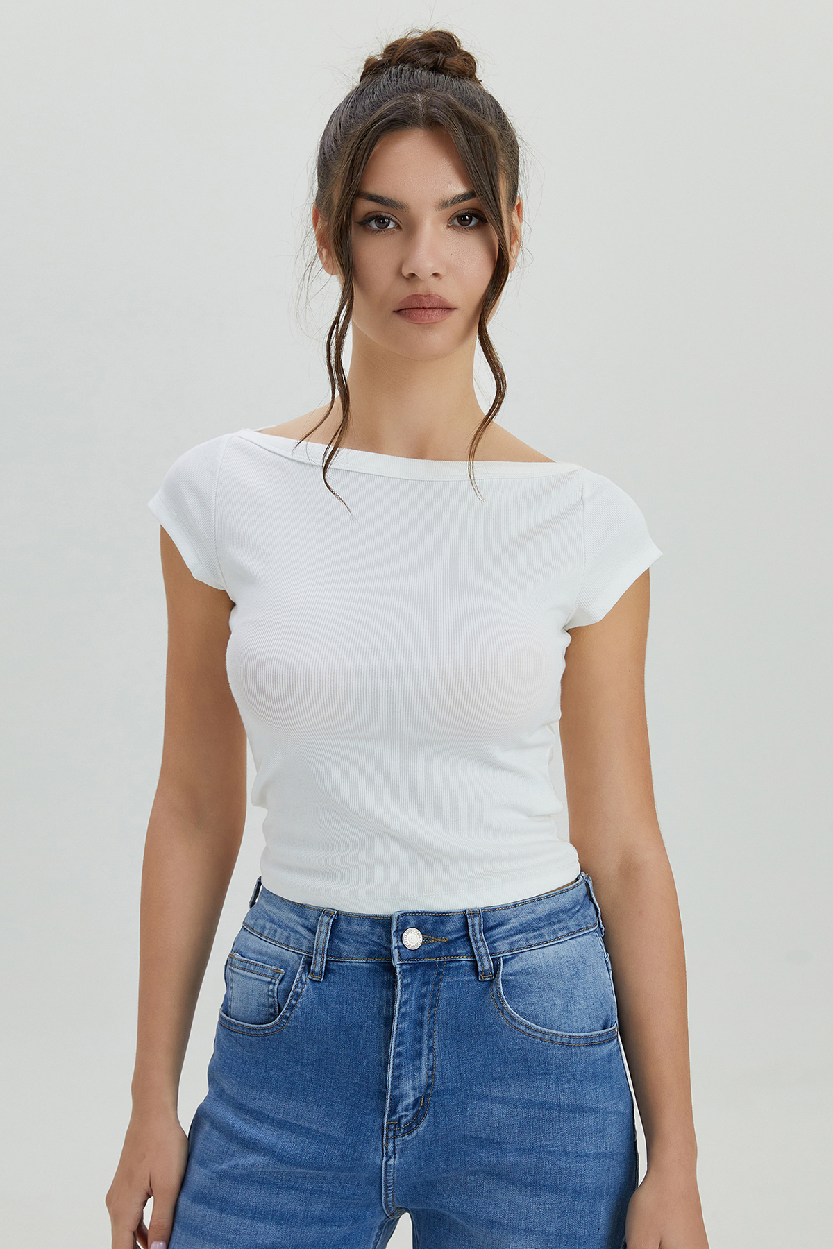 KatchMe Summer Minimalist Solid Color Boatneck Soft Short Sleeve Top