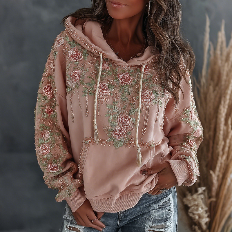 Women's Retro Floral Embroidered Art Print Casual Hoodie