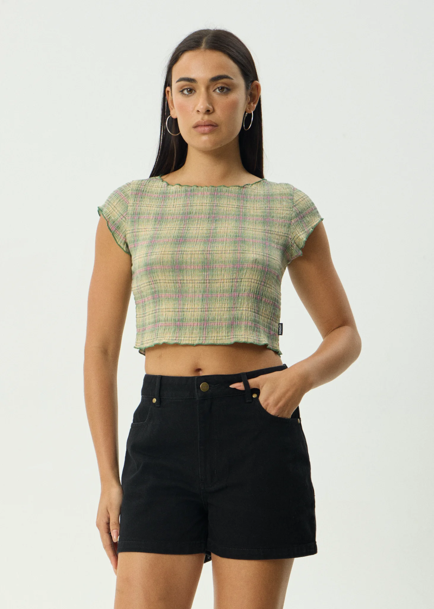 AFENDS Womens Darcy - Seersucker Top - Green Check