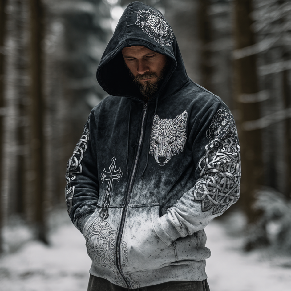 Men's Black And White Gradient Wolf Head Design Hooded Sweatshirt Jacket