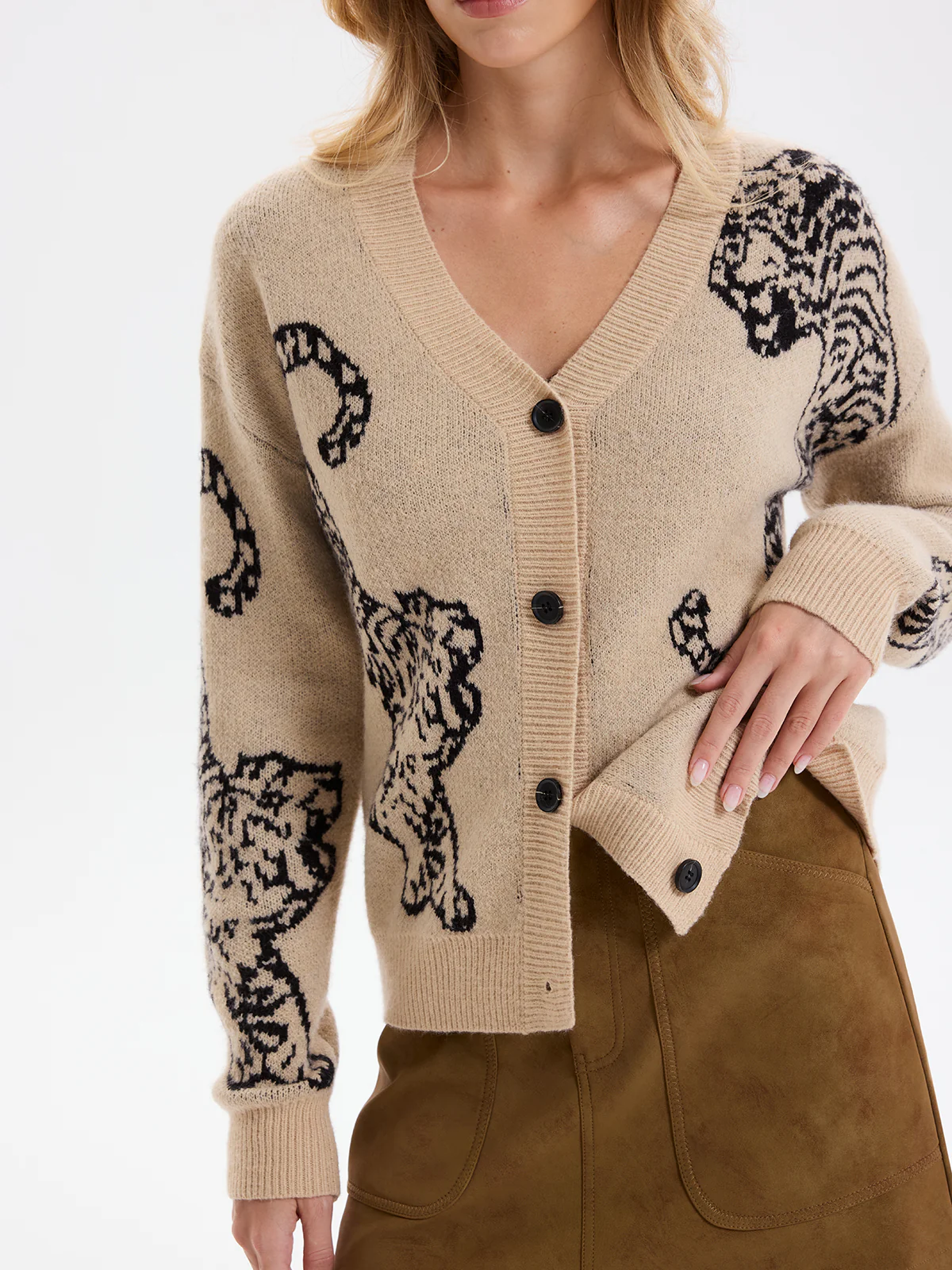 Tiger Jacquard V-Neck Knit Cardigan