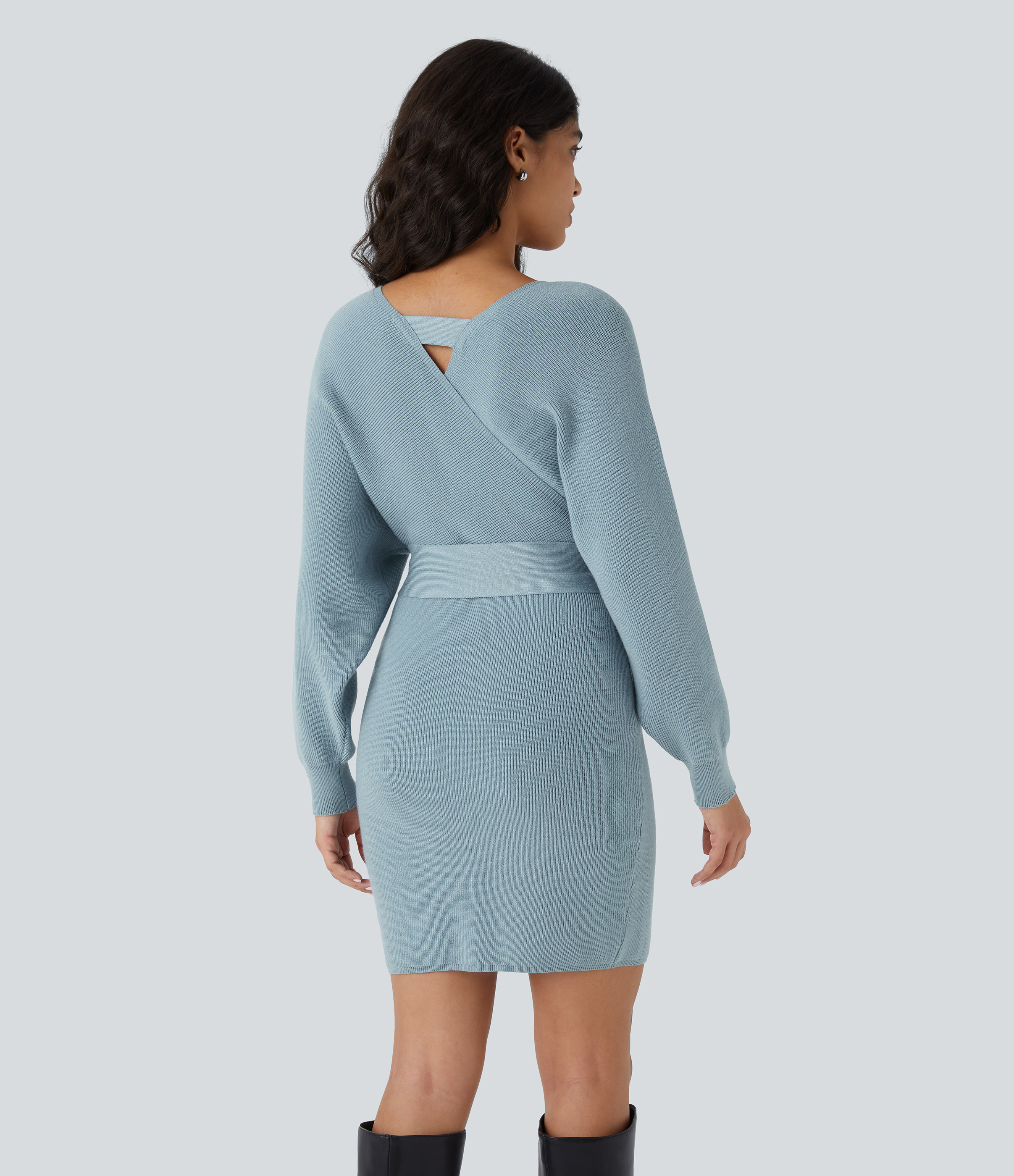 Crossover V Neck  Batwing Long Sleeve Belted Mini Casual Sweater Dress