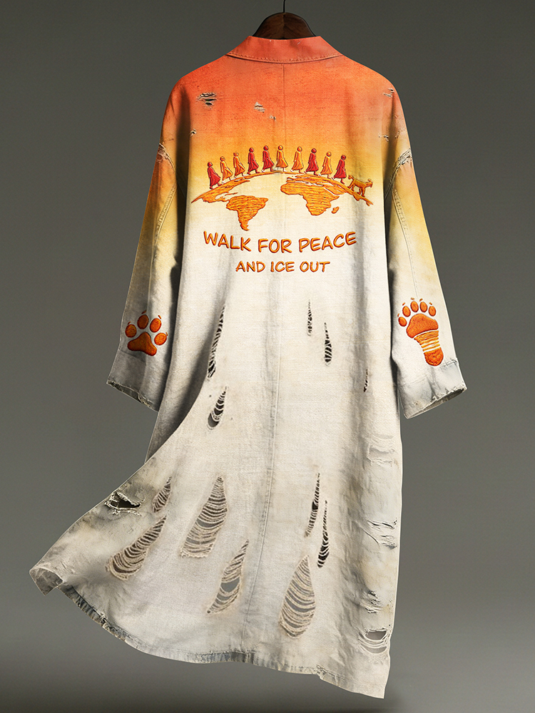 Vintage Peace For Walk And Ice Out Art In Gradient Print Linen Long Kimono