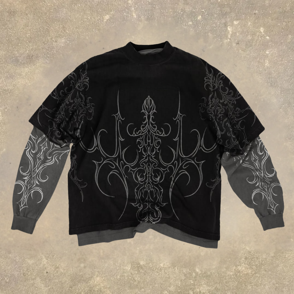 Gothic Pattern Print Layered Long Sleeve T-shirt