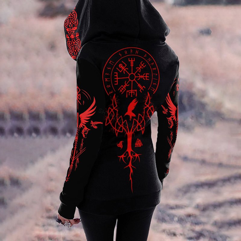 Tribal Viking Totem Contrast Print Zipper Hoodie