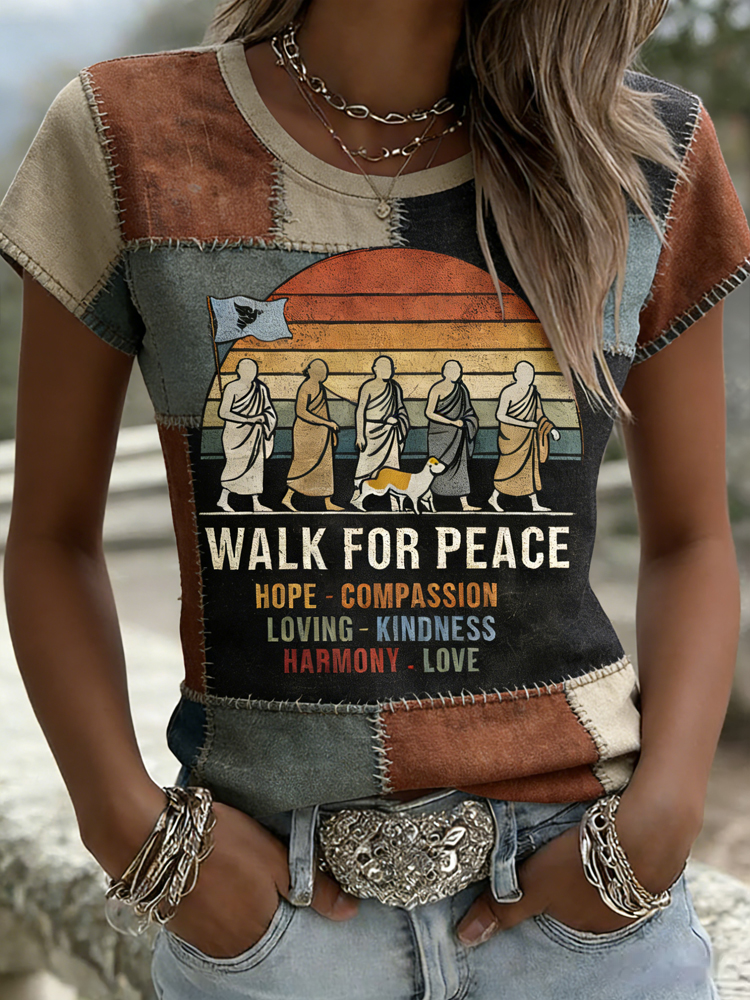 Retro 2026 Walk For Peace Artistic Patchwork Print T-shirt