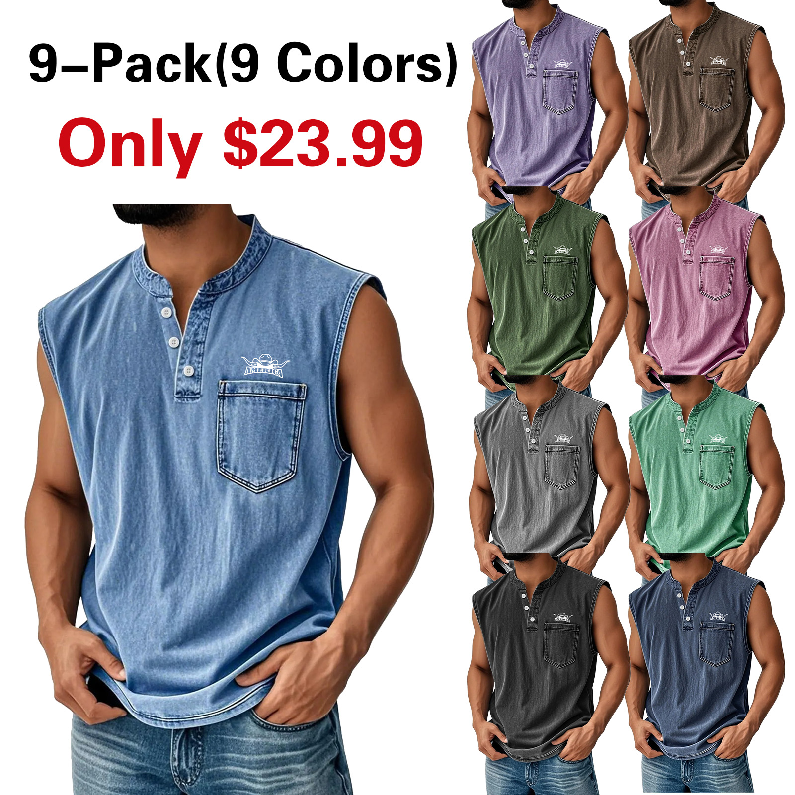 Work vest, Western vest, Casual sports outdoor vest, Henley collar button vest