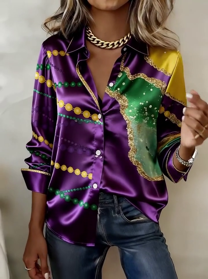 Women'S Casual Lapel Color-Block Printed Shirt