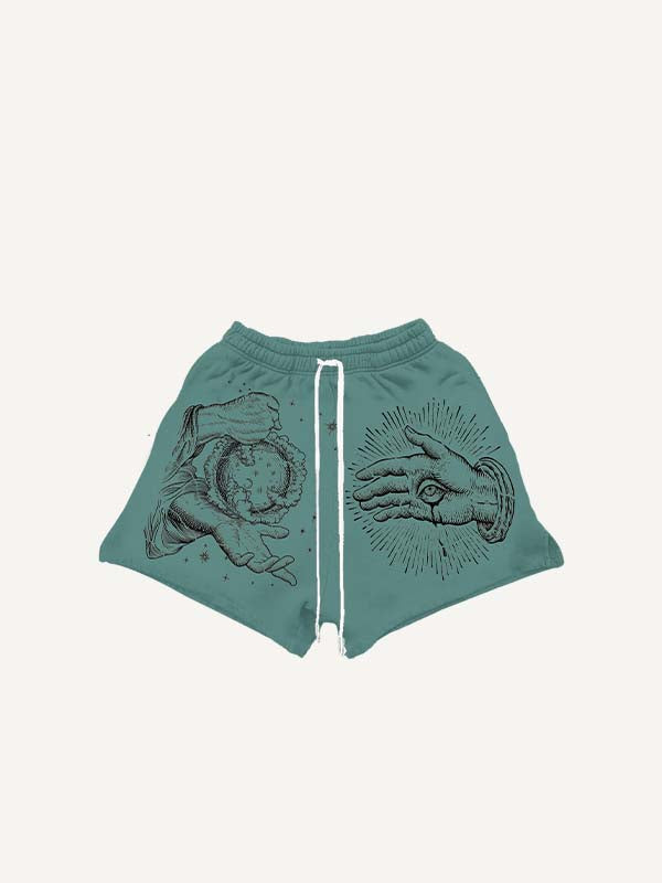 Palm&Eye&Moon&Sun Print Drawstring Waist Shorts