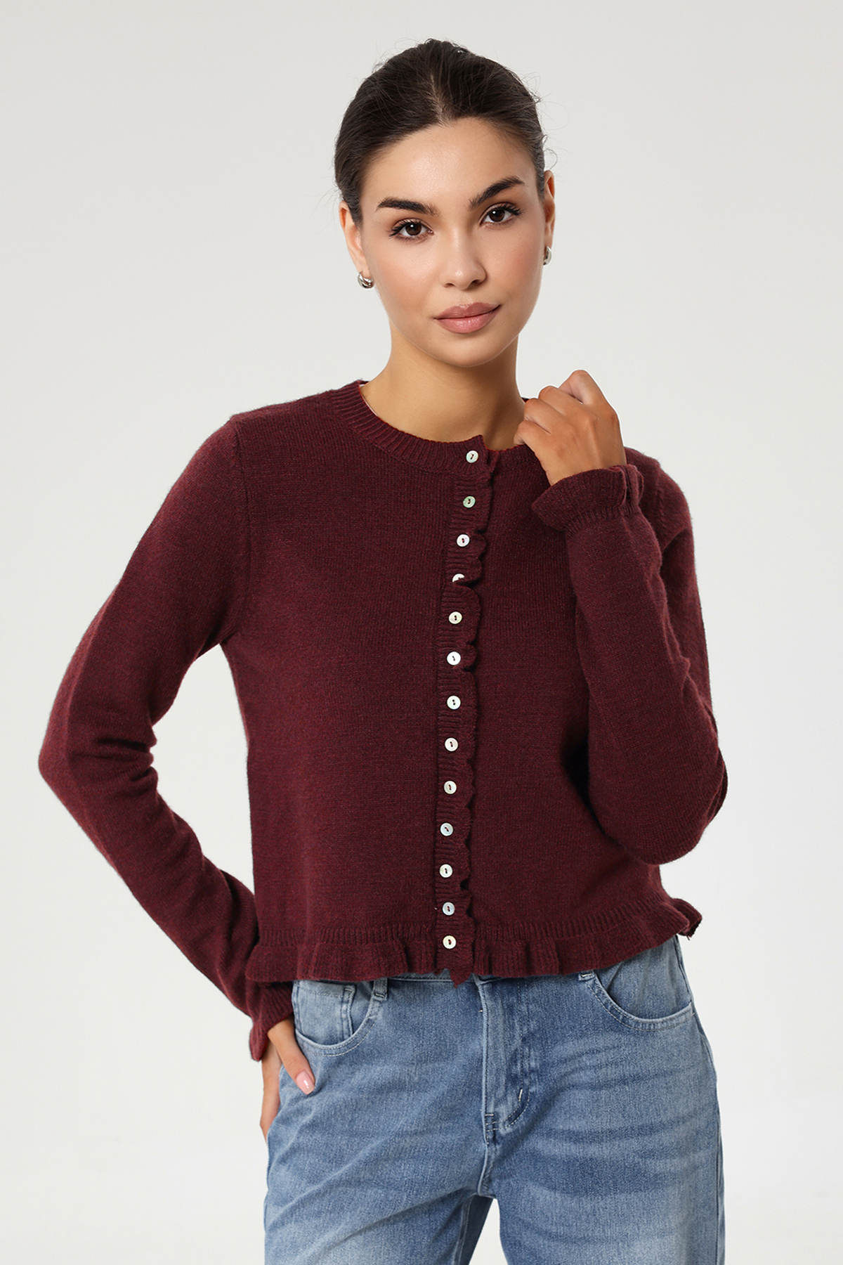 KatchMe Women's Versatile Knit Solid Color Button-Up Lettuce Trim Long Sleeve Cozy Cardigan, Fall & Winter Outerwear Jacket, Soft Round Neck Sweater