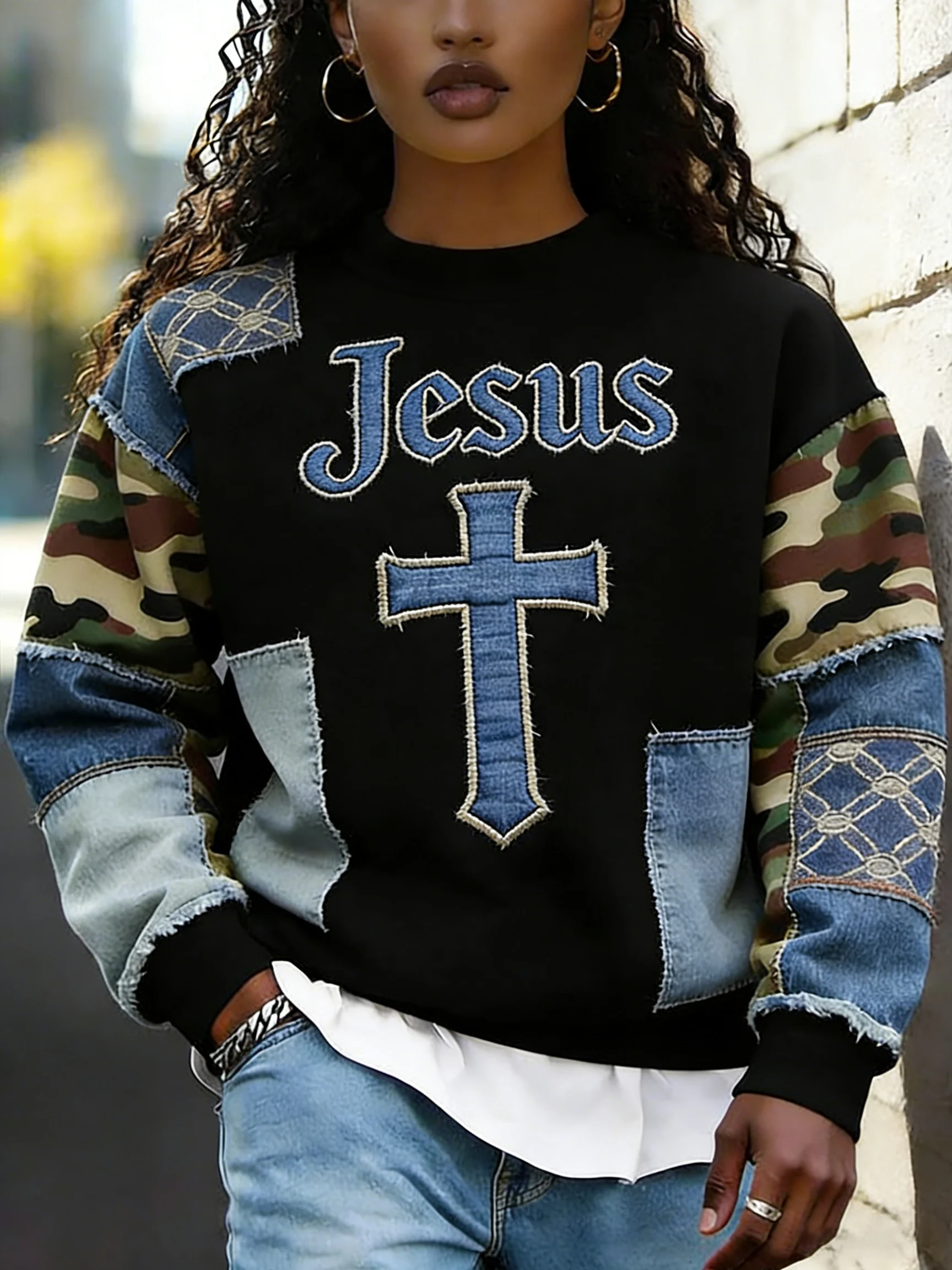 Women's Jesus Faith Cross Geometric Color Block Print Casual Sweatshirt-Fast Shipping