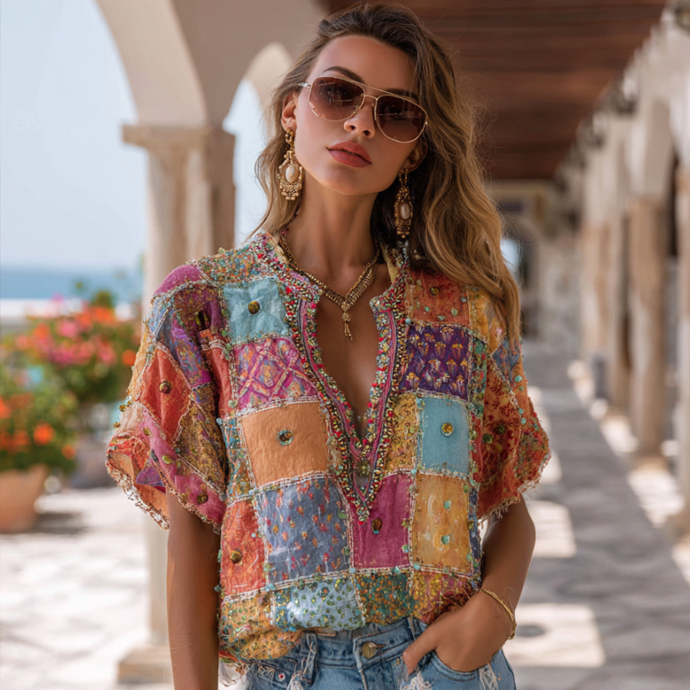 Bohème Summer Print Patchwork Refreshing V-neck Top