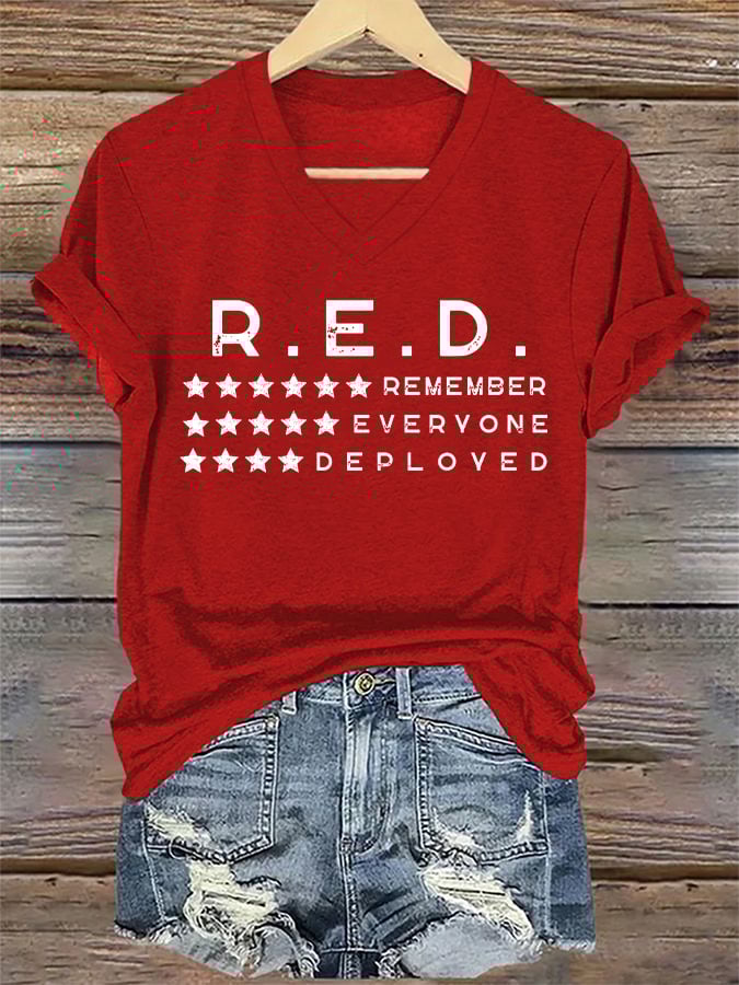 Women's On Fridays We Wear RED Remember Everyone Deployed Print V Neck T-shirt