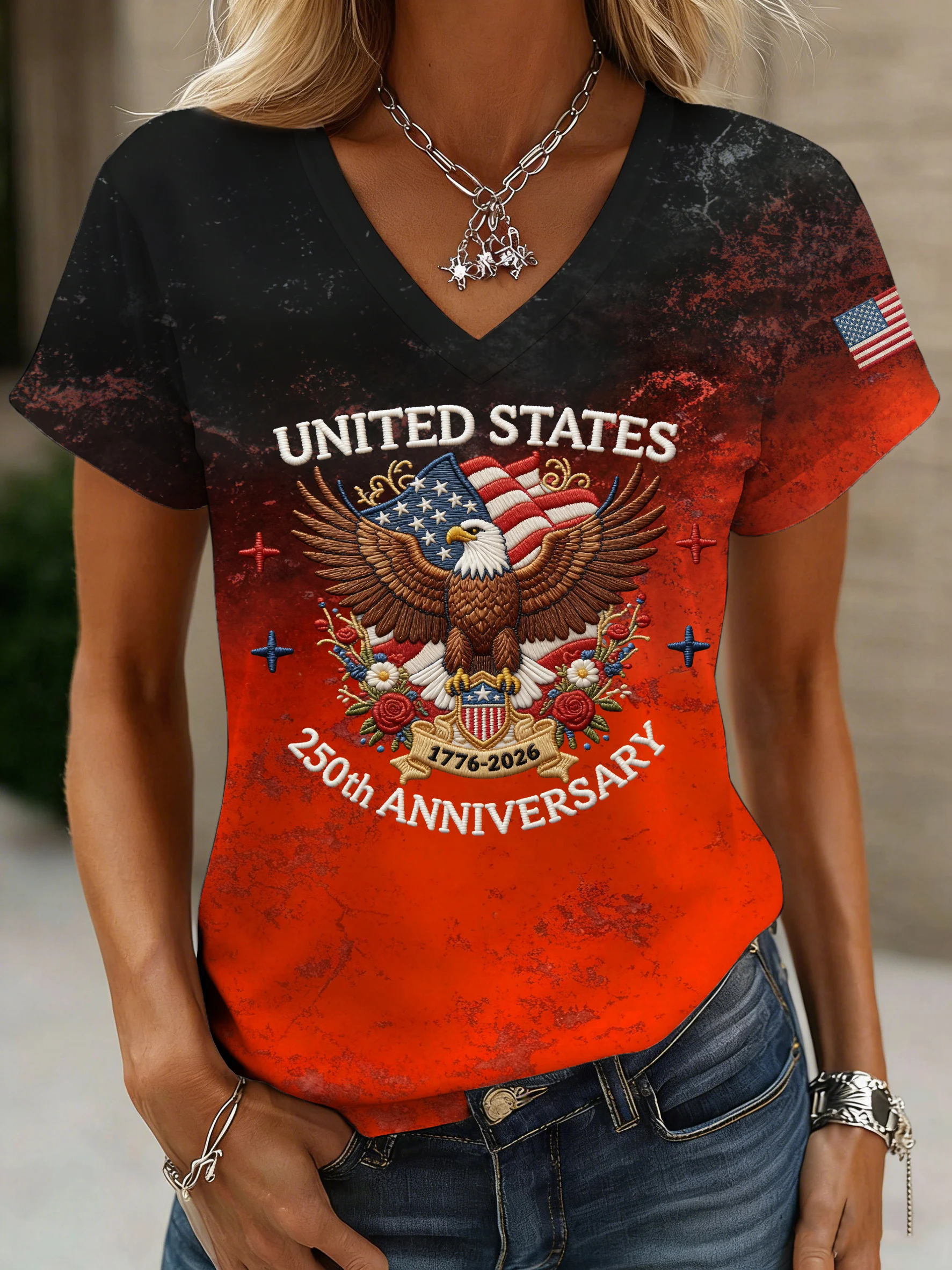 Women's American 250th Anniversary Print Casual V-Neck Top