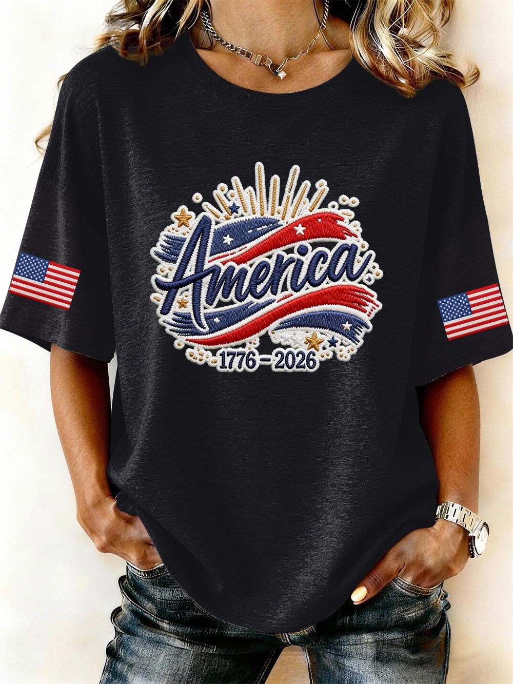 Women’s USA 250th Anniversary Embroidered Print Crew Neck Short Sleeve T-Shirt