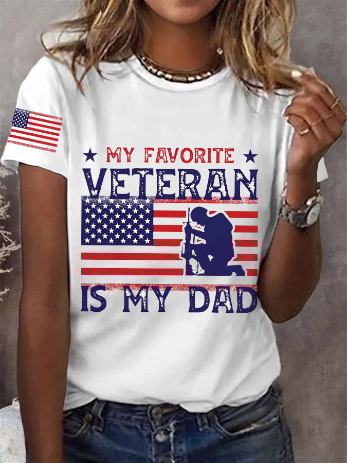 Women's My Favorite Veteran Is My Dad, Proud Veteran Daughter American Flag Tee
